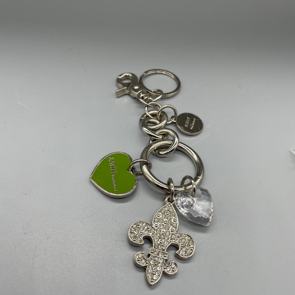 Kathy Van Zeeland Fleur De Lis Rhinestone Heart Bag Charm Keychain Silver Green